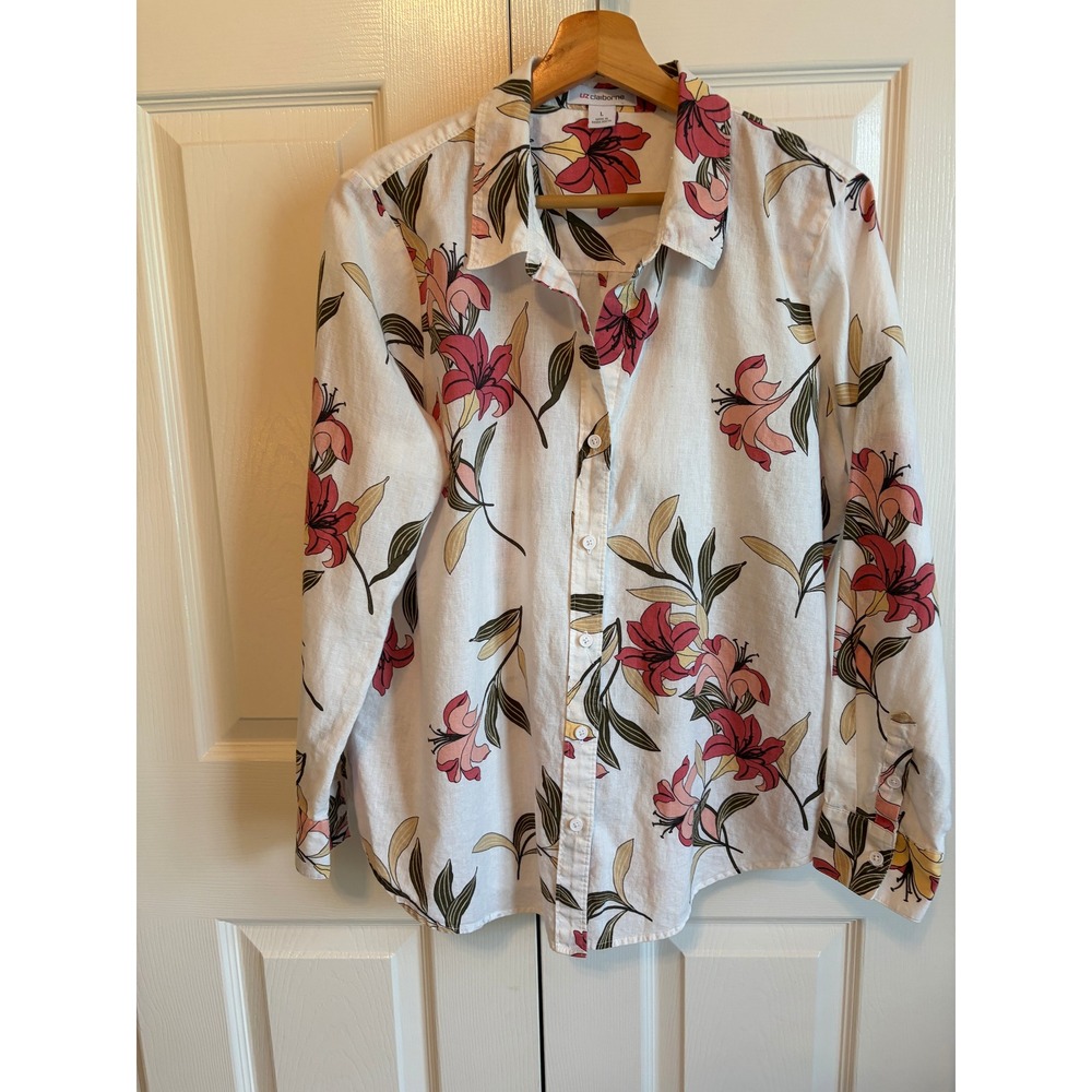 Liz Claiborne Floral Linen Blend Button Down Shirt White Pink Large